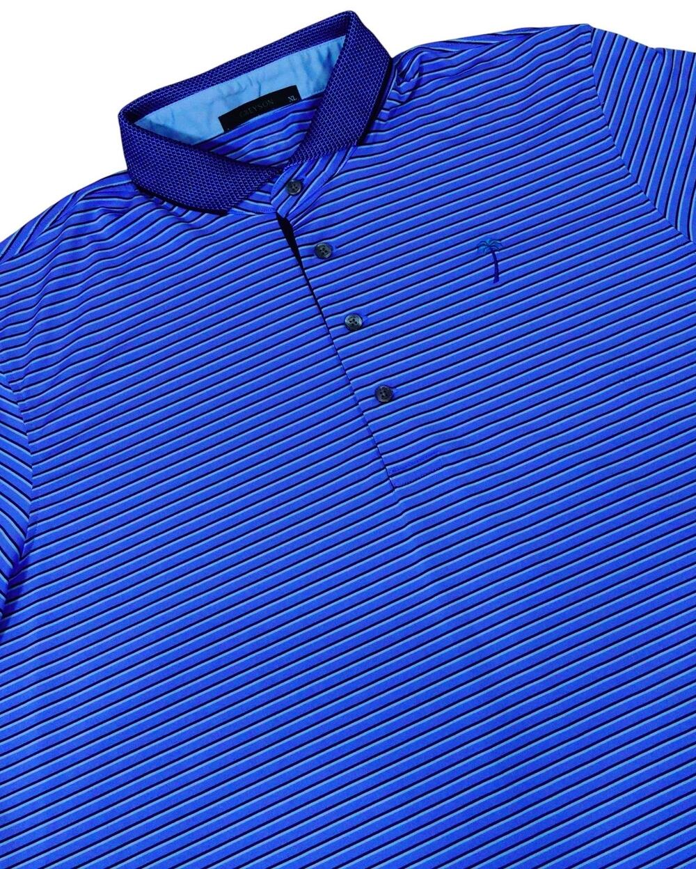 Greyson Performance Stretch Palm Tree Striped Blue Golf Polo Shirt Men's XL